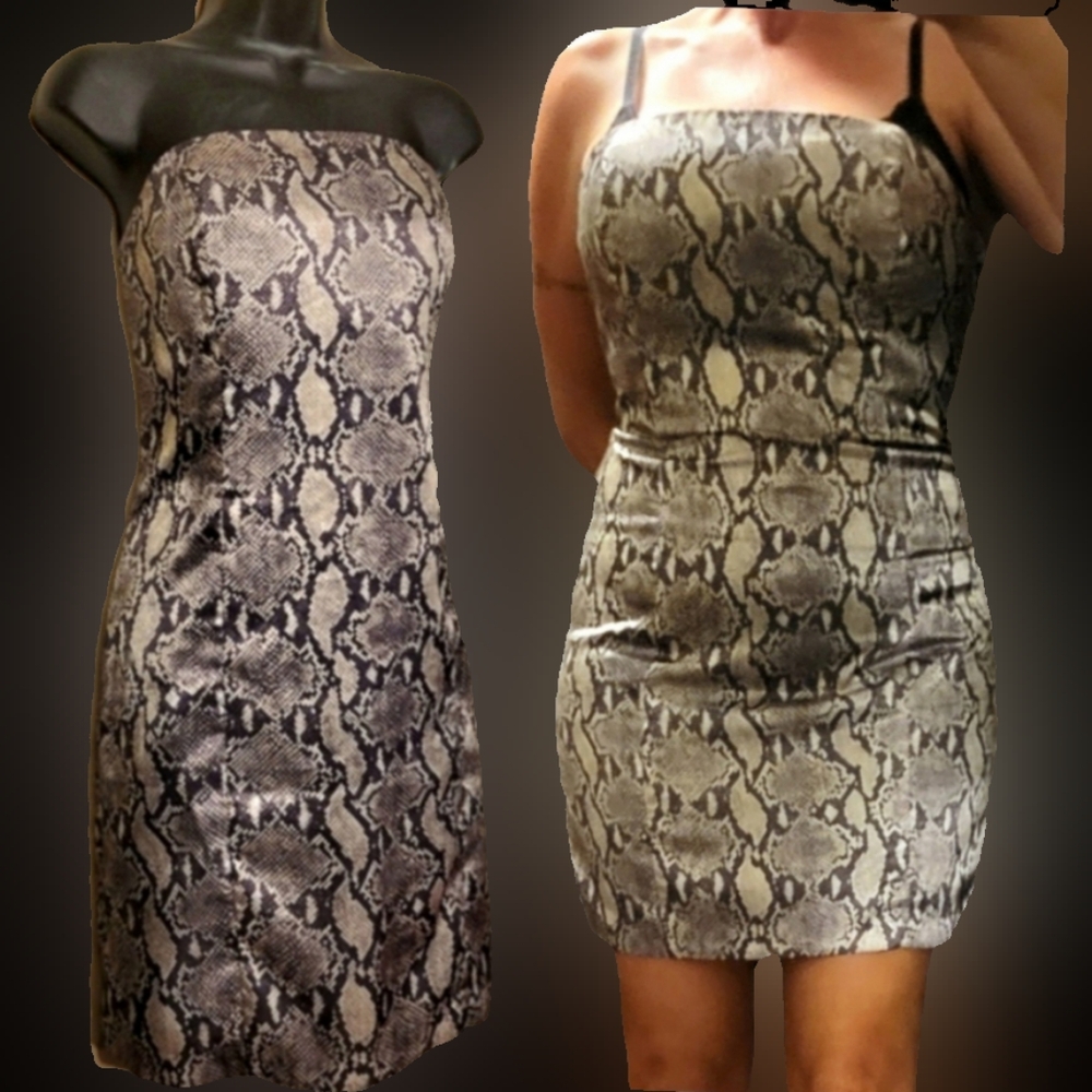 Vtg Y2K Hugo Buscati VS metallic silver snakeskin silk strapless mini dress 14